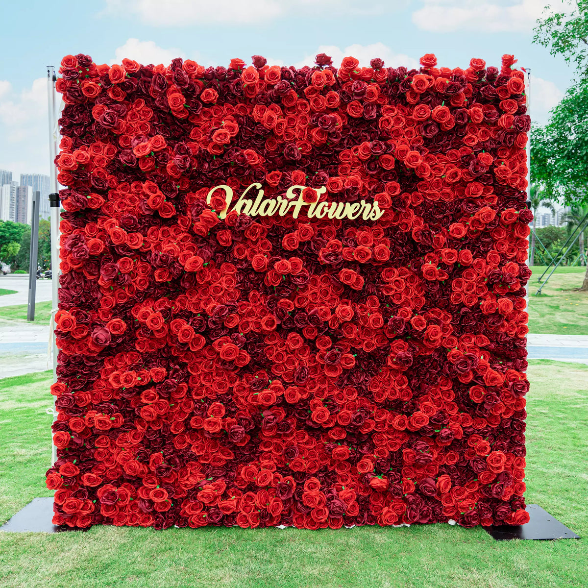 Valar Flowers Roll Up Fabric Artificial Flower Wall Crimson Coronation: A Regal Array of Red Roses Radiating Romance and Reverence-VF-172