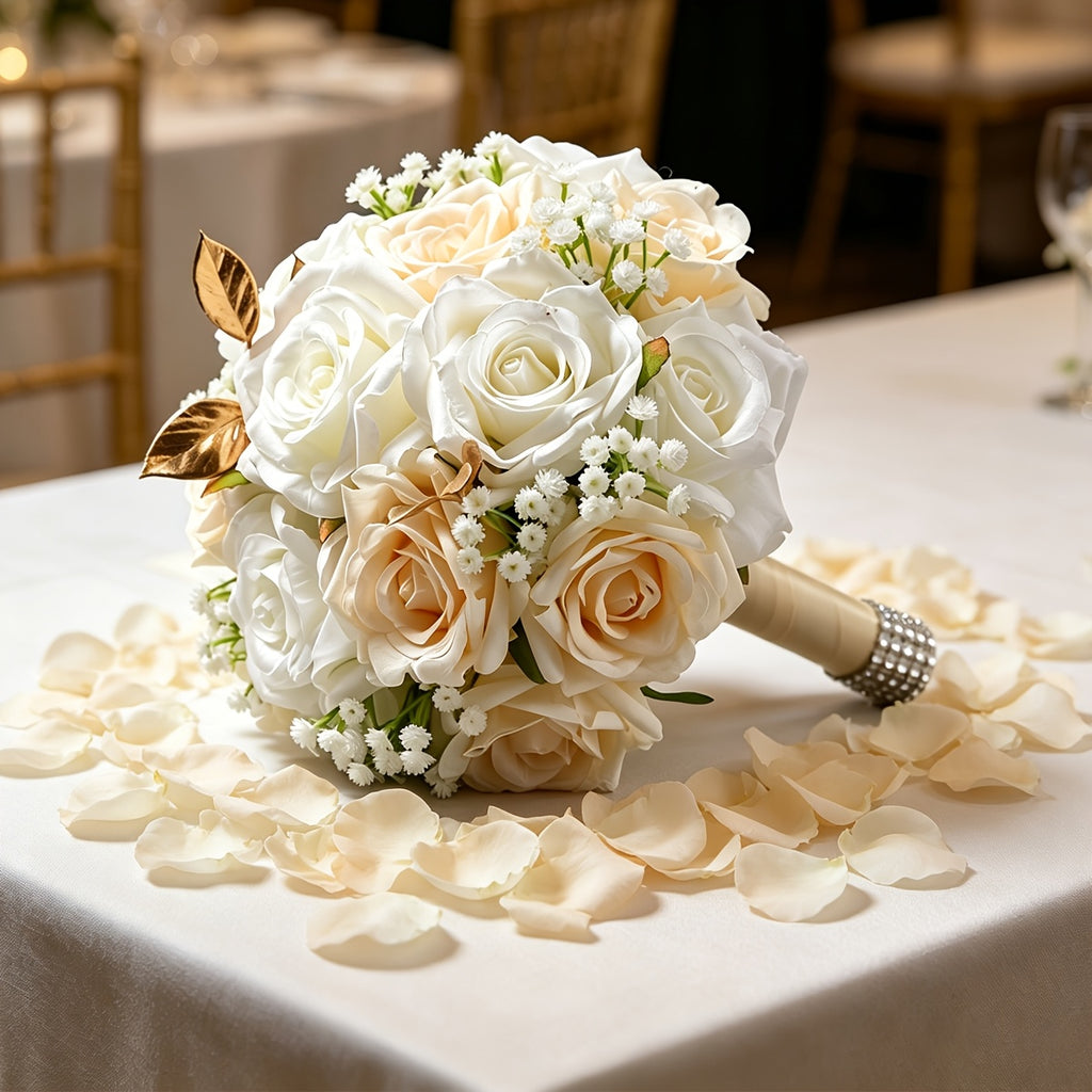 Champagne White Artificial Bridal Wedding Bouquet - Round Rose Bouquet Suitable for Bohemian Weddings, Outdoor Receptions, Bridal Showers, Long-Lasting Roses with Table Centerpiece Decor for Valentine' Day, Thanksgiving, UV Resistant