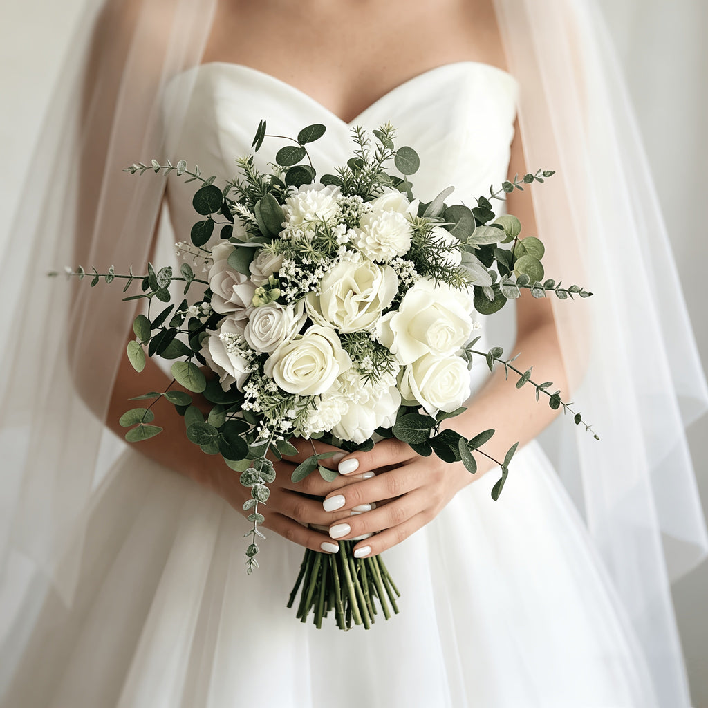 Forest-style White and Green Bridal Bouquet, Artificial White Roses with Eucalyptus Leaves, Reusable Bouquet, Wedding Certificate Photo Prop, Bridesmaid Bouquet