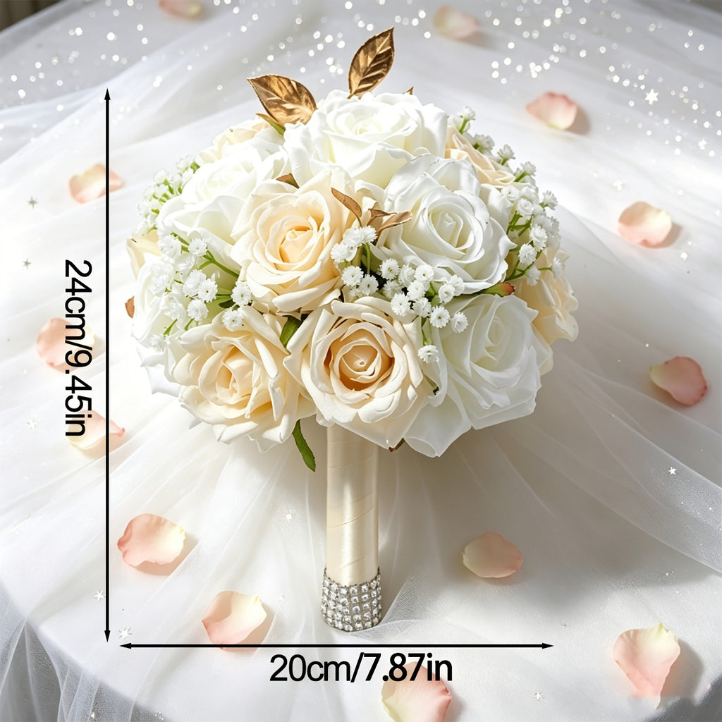 Champagne White Artificial Bridal Wedding Bouquet - Round Rose Bouquet Suitable for Bohemian Weddings, Outdoor Receptions, Bridal Showers, Long-Lasting Roses with Table Centerpiece Decor for Valentine' Day, Thanksgiving, UV Resistant