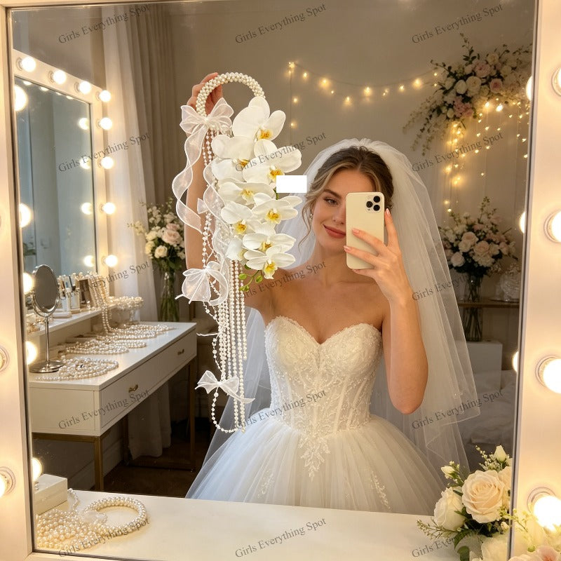 White Phalaenopsis Cascade Bridal Bouquet Artificial Wedding Hand Bouquet Pearl Handle Long Tassel Ribbon Bow Decor Formal Wedding Ceremony Bridesmaid Flower Accessory