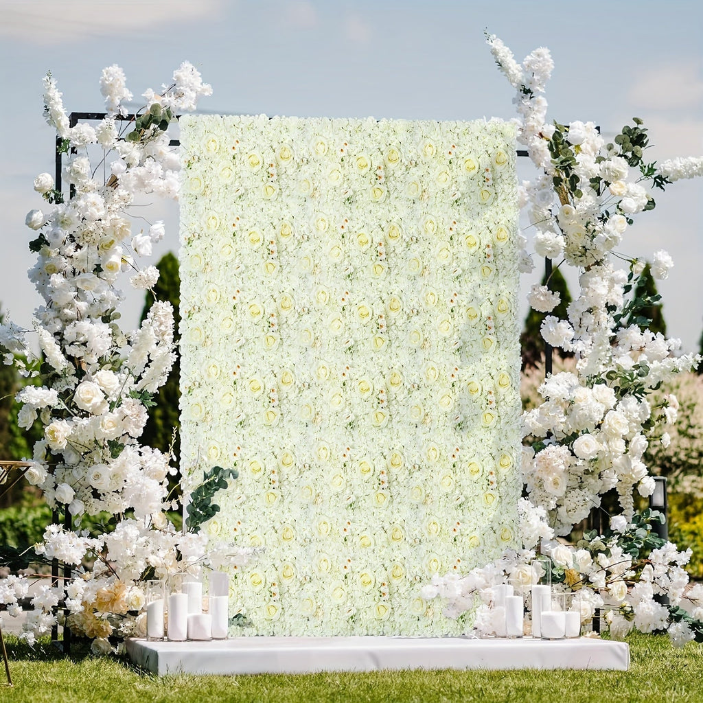 6pcs Artificial White Roses Wall Decor, 15x15 Inch Polyester Flower Panels Backdrops for Wedding, Bridal Shower, Birthday, Anniversary, Seasonal Events - No Electricity Needed, Featherless