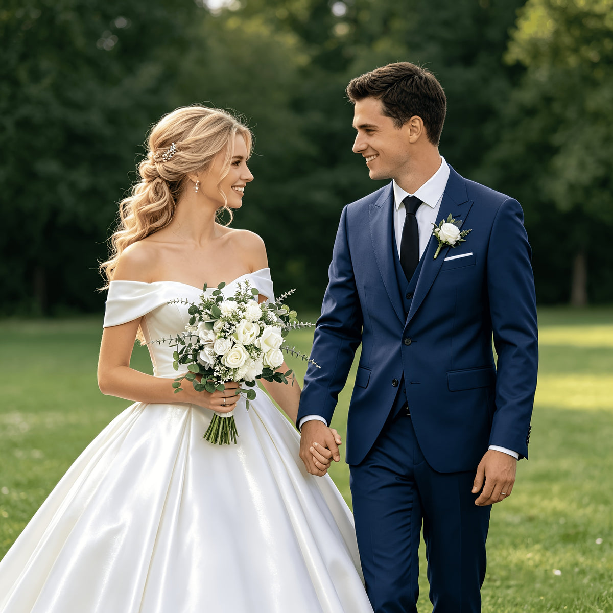 Forest-style White and Green Bridal Bouquet, Artificial White Roses with Eucalyptus Leaves, Reusable Bouquet, Wedding Certificate Photo Prop, Bridesmaid Bouquet