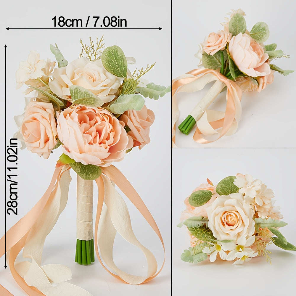 Champagne Artificial Wedding Bouquet for Bride, Fake Rose Peony Bridal Hand Bouquet with Eucalyptus Leaf, Champagne Cream Ribbon Tied Wedding Photo Prop, Boho Country Wedding Bridesmaid Holding Flower, Engagement Bridal Shower Decor