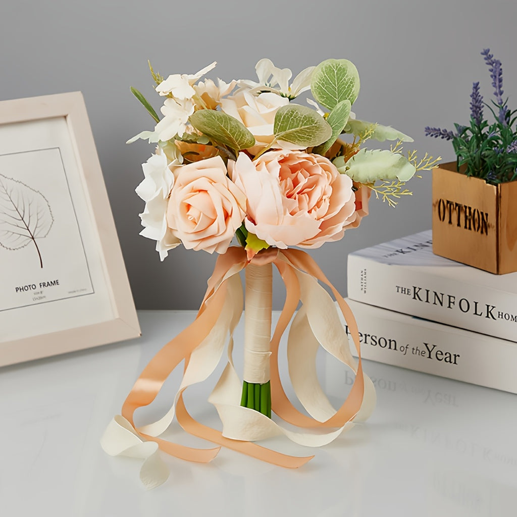 Champagne Artificial Wedding Bouquet for Bride, Fake Rose Peony Bridal Hand Bouquet with Eucalyptus Leaf, Champagne Cream Ribbon Tied Wedding Photo Prop, Boho Country Wedding Bridesmaid Holding Flower, Engagement Bridal Shower Decor