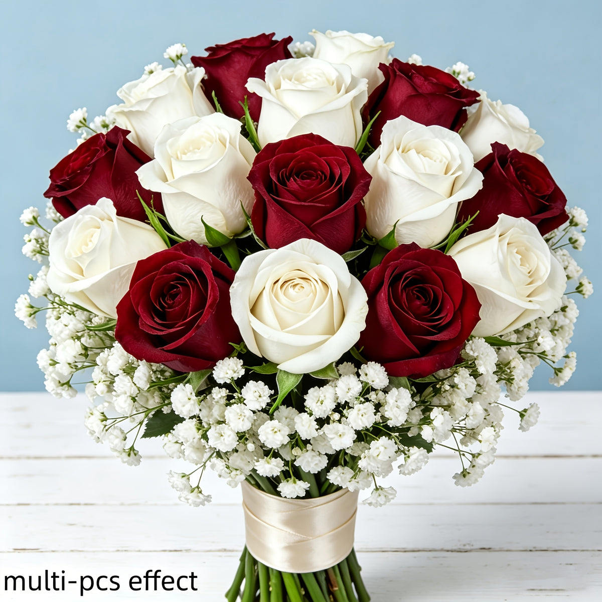 14pcs Red And White Mixed Rose Artificial Flower Bouquet: 10pcs White Baby'S Breath, 2pcs Red Roses, 2pcs White Roses. High-End Artificial Flowers, Never Wilt, Zero Maintenance Required. Suitable for Valentine'S Day, Christmas, New Year'S Parties