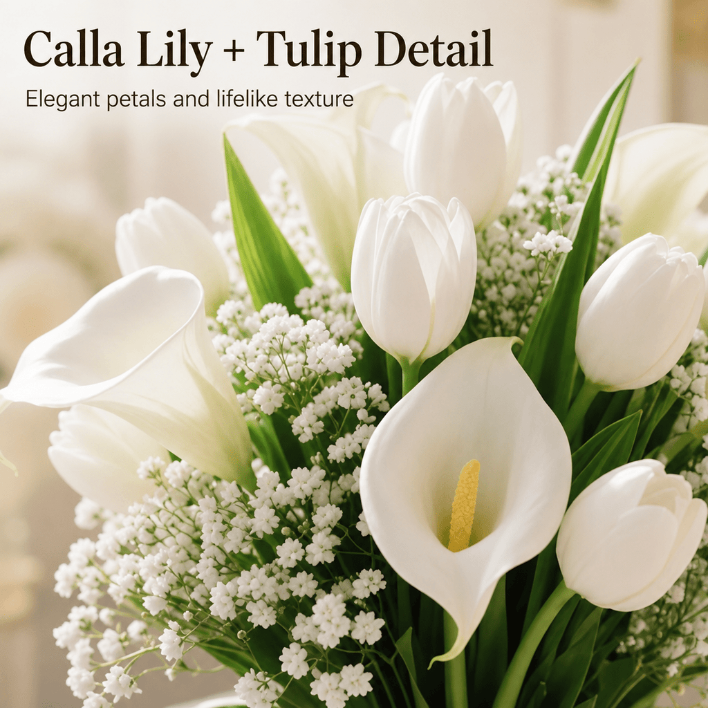 32pcs Artificial White Flower Bouquet, Fake Calla Lily Tulip Baby's Breath Mix Arrangement, Wedding Bridal Handheld Bouquet for Ceremony Home Table Centerpiece Party Decor