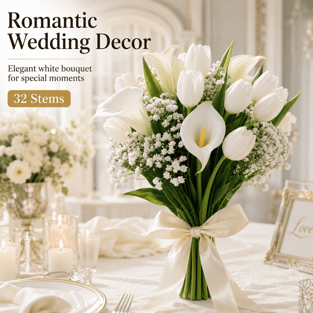 32pcs Artificial White Flower Bouquet, Fake Calla Lily Tulip Baby's Breath Mix Arrangement, Wedding Bridal Handheld Bouquet for Ceremony Home Table Centerpiece Party Decor