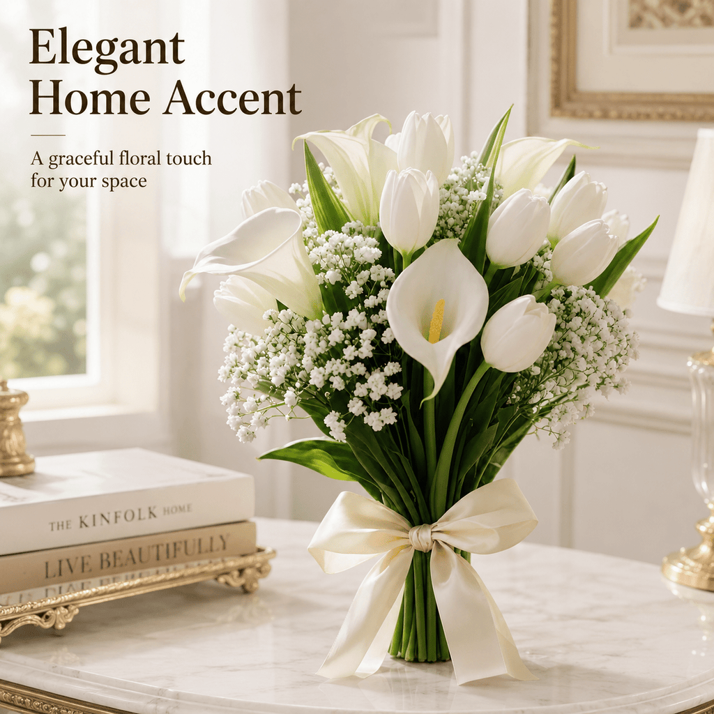 32pcs Artificial White Flower Bouquet, Fake Calla Lily Tulip Baby's Breath Mix Arrangement, Wedding Bridal Handheld Bouquet for Ceremony Home Table Centerpiece Party Decor