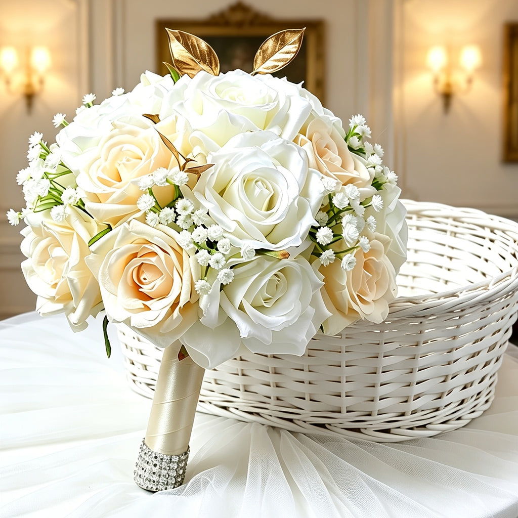 Champagne White Artificial Bridal Wedding Bouquet - Round Rose Bouquet Suitable for Bohemian Weddings, Outdoor Receptions, Bridal Showers, Long-Lasting Roses with Table Centerpiece Decor for Valentine' Day, Thanksgiving, UV Resistant