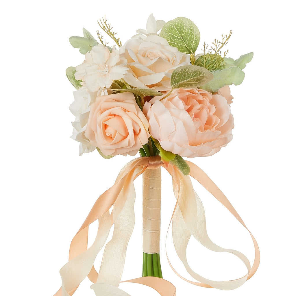 Champagne Artificial Wedding Bouquet for Bride, Fake Rose Peony Bridal Hand Bouquet with Eucalyptus Leaf, Champagne Cream Ribbon Tied Wedding Photo Prop, Boho Country Wedding Bridesmaid Holding Flower, Engagement Bridal Shower Decor