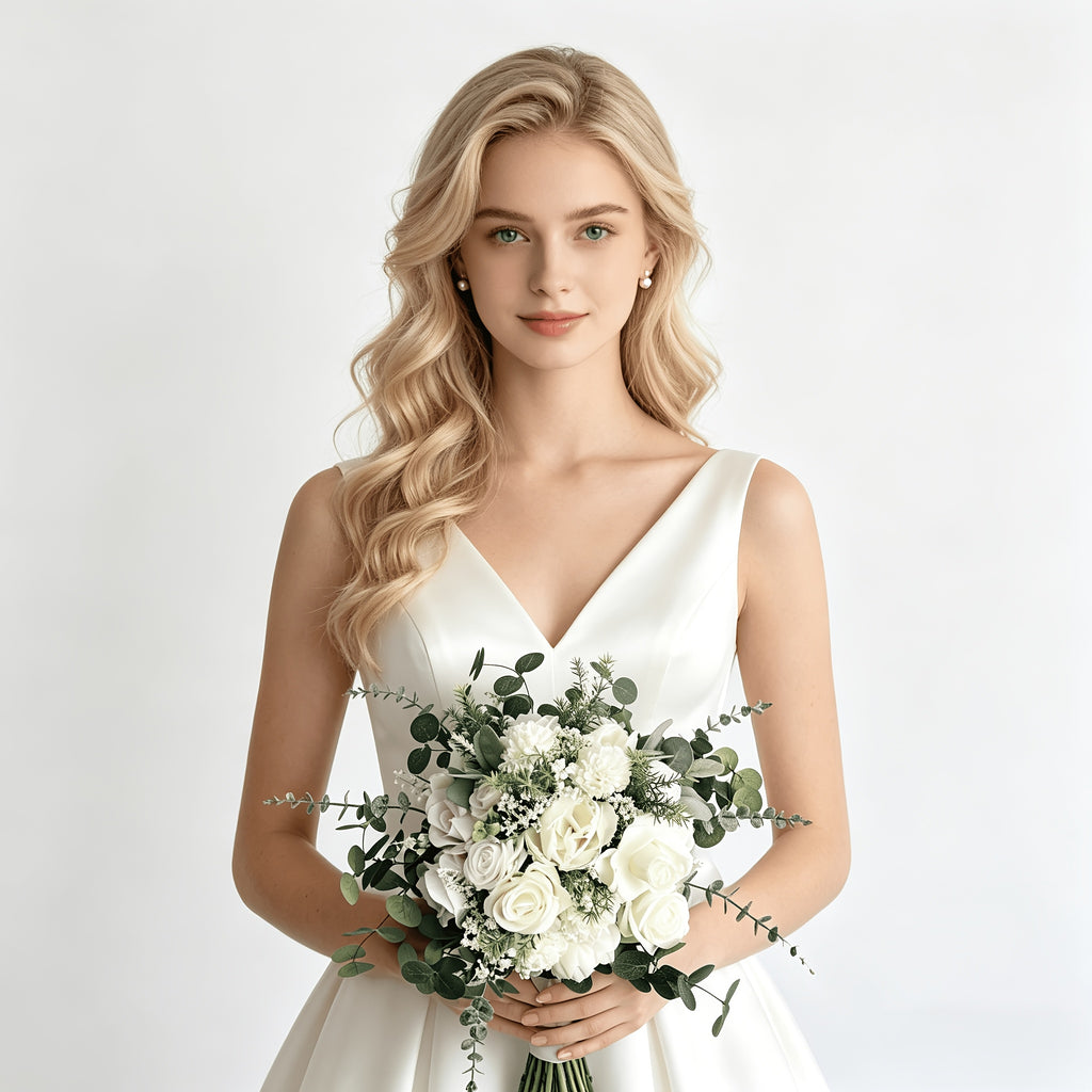 Forest-style White and Green Bridal Bouquet, Artificial White Roses with Eucalyptus Leaves, Reusable Bouquet, Wedding Certificate Photo Prop, Bridesmaid Bouquet