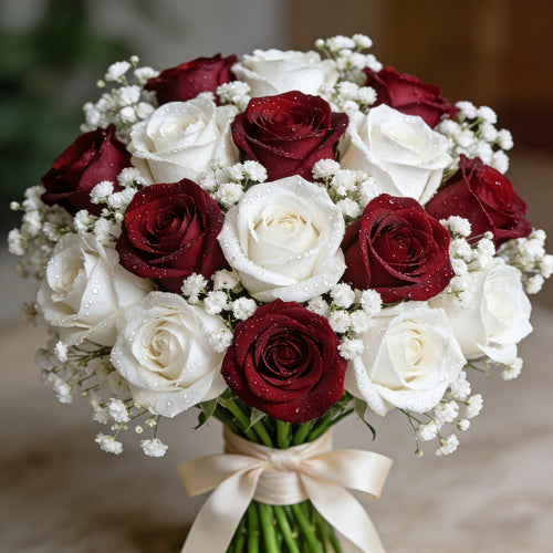 14pcs Red And White Mixed Rose Artificial Flower Bouquet: 10pcs White Baby'S Breath, 2pcs Red Roses, 2pcs White Roses. High-End Artificial Flowers, Never Wilt, Zero Maintenance Required. Suitable for Valentine'S Day, Christmas, New Year'S Parties
