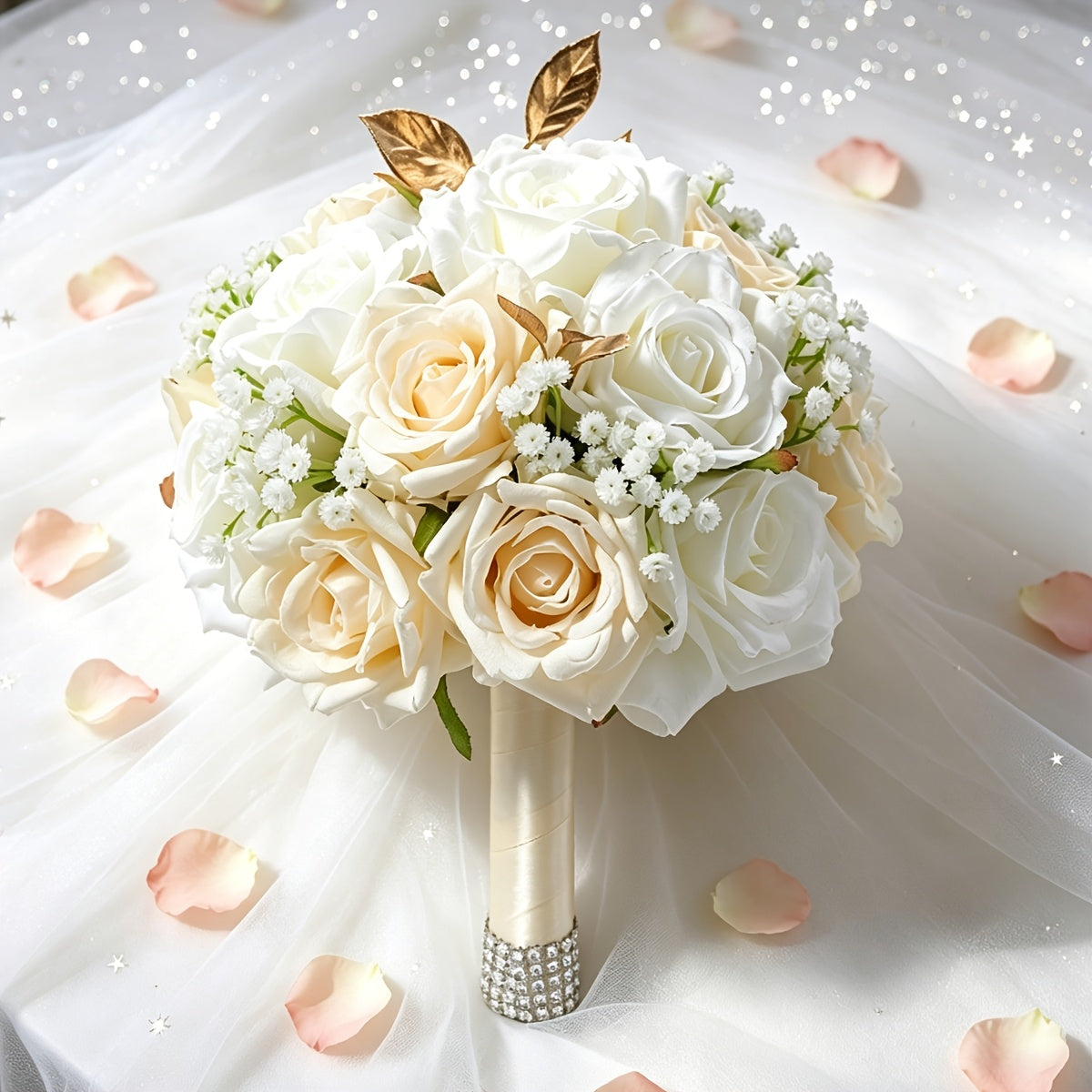 Champagne White Artificial Bridal Wedding Bouquet - Round Rose Bouquet Suitable for Bohemian Weddings, Outdoor Receptions, Bridal Showers, Long-Lasting Roses with Table Centerpiece Decor for Valentine' Day, Thanksgiving, UV Resistant