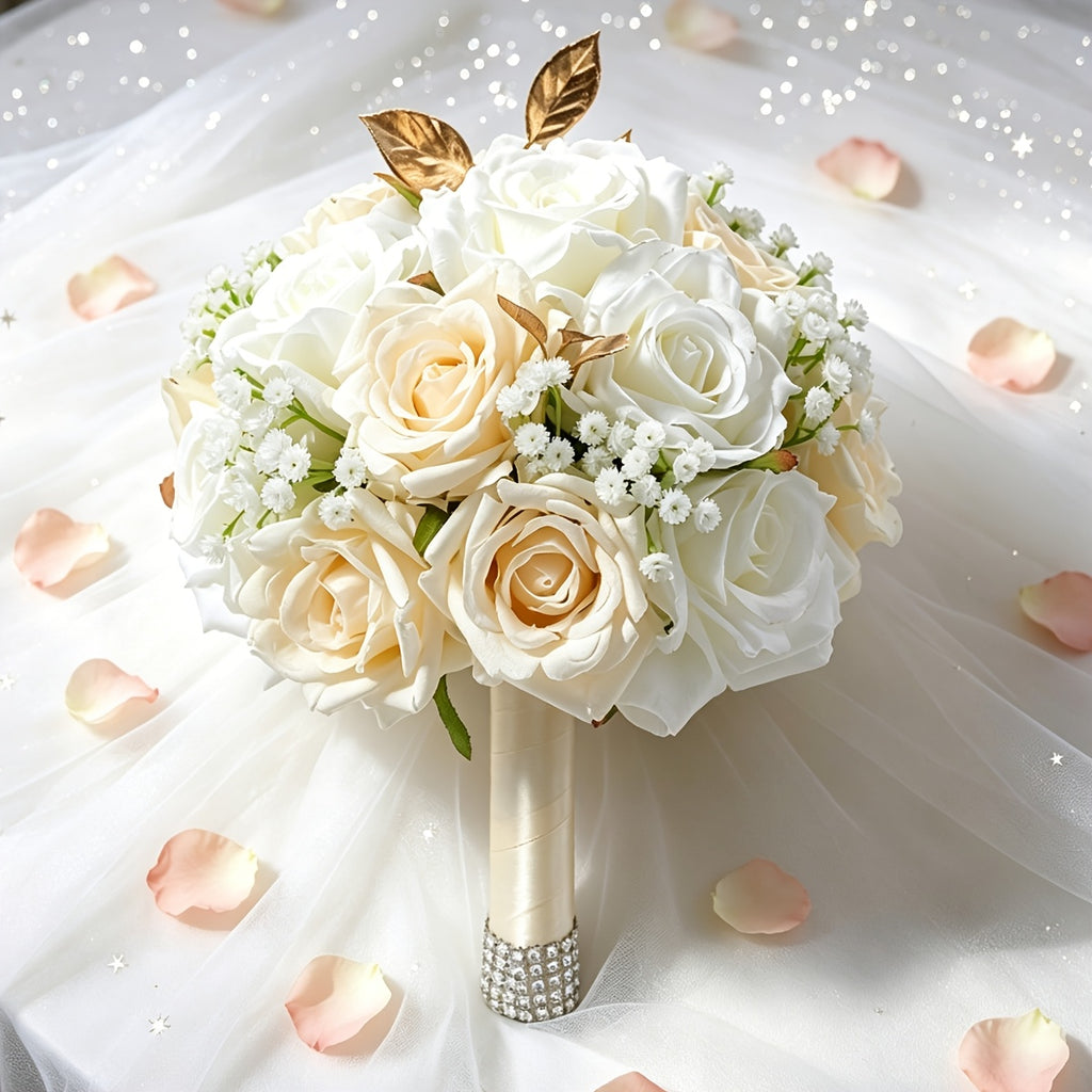Champagne White Artificial Bridal Wedding Bouquet - Round Rose Bouquet Suitable for Bohemian Weddings, Outdoor Receptions, Bridal Showers, Long-Lasting Roses with Table Centerpiece Decor for Valentine' Day, Thanksgiving, UV Resistant