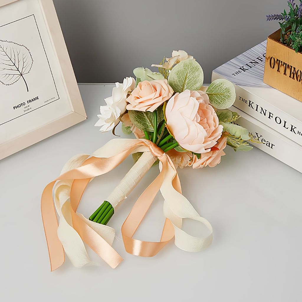 Champagne Artificial Wedding Bouquet for Bride, Fake Rose Peony Bridal Hand Bouquet with Eucalyptus Leaf, Champagne Cream Ribbon Tied Wedding Photo Prop, Boho Country Wedding Bridesmaid Holding Flower, Engagement Bridal Shower Decor