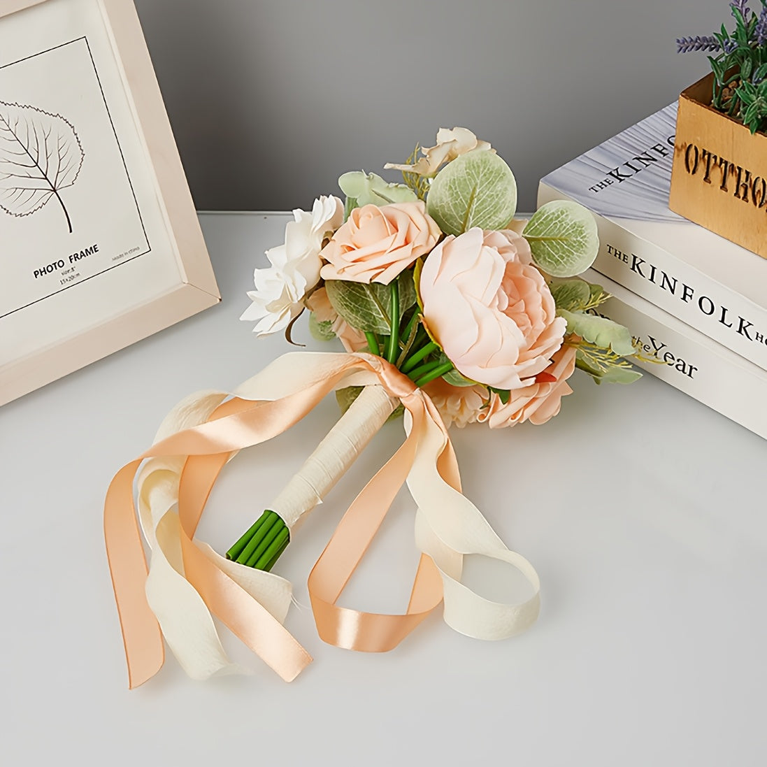 Champagne Artificial Wedding Bouquet for Bride, Fake Rose Peony Bridal Hand Bouquet with Eucalyptus Leaf, Champagne Cream Ribbon Tied Wedding Photo Prop, Boho Country Wedding Bridesmaid Holding Flower, Engagement Bridal Shower Decor