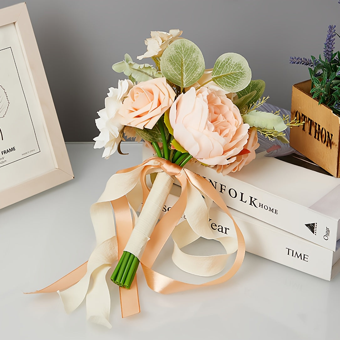 Champagne Artificial Wedding Bouquet for Bride, Fake Rose Peony Bridal Hand Bouquet with Eucalyptus Leaf, Champagne Cream Ribbon Tied Wedding Photo Prop, Boho Country Wedding Bridesmaid Holding Flower, Engagement Bridal Shower Decor