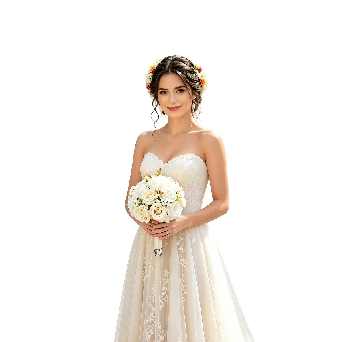 Champagne White Artificial Bridal Wedding Bouquet - Round Rose Bouquet Suitable for Bohemian Weddings, Outdoor Receptions, Bridal Showers, Long-Lasting Roses with Table Centerpiece Decor for Valentine' Day, Thanksgiving, UV Resistant