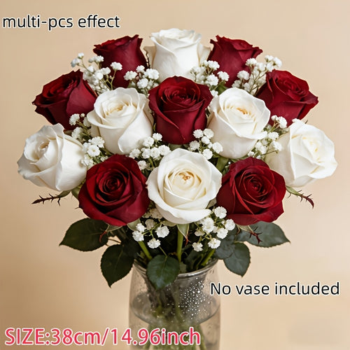 14pcs Red And White Mixed Rose Artificial Flower Bouquet: 10pcs White Baby'S Breath, 2pcs Red Roses, 2pcs White Roses. High-End Artificial Flowers, Never Wilt, Zero Maintenance Required. Suitable for Valentine'S Day, Christmas, New Year'S Parties