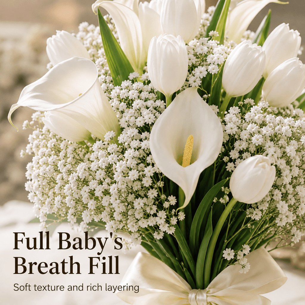 32pcs Artificial White Flower Bouquet, Fake Calla Lily Tulip Baby's Breath Mix Arrangement, Wedding Bridal Handheld Bouquet for Ceremony Home Table Centerpiece Party Decor