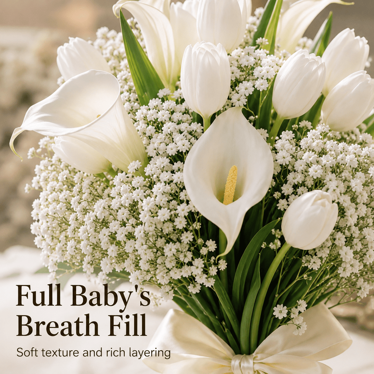32pcs Artificial White Flower Bouquet, Fake Calla Lily Tulip Baby's Breath Mix Arrangement, Wedding Bridal Handheld Bouquet for Ceremony Home Table Centerpiece Party Decor