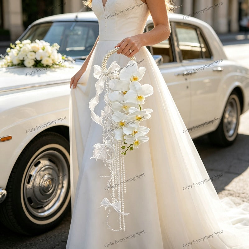 White Phalaenopsis Cascade Bridal Bouquet Artificial Wedding Hand Bouquet Pearl Handle Long Tassel Ribbon Bow Decor Formal Wedding Ceremony Bridesmaid Flower Accessory
