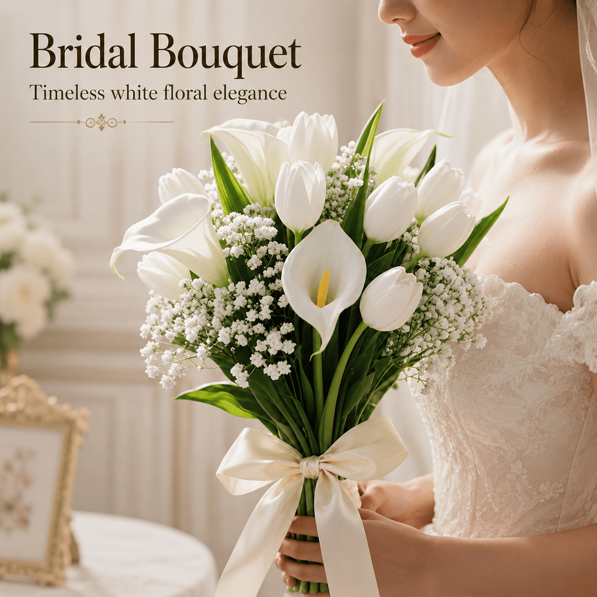 32pcs Artificial White Flower Bouquet, Fake Calla Lily Tulip Baby's Breath Mix Arrangement, Wedding Bridal Handheld Bouquet for Ceremony Home Table Centerpiece Party Decor