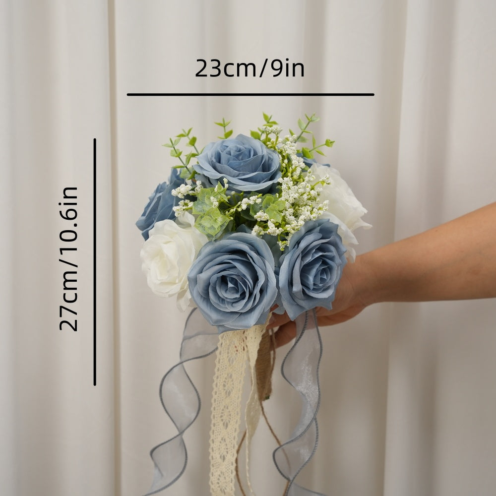 1pc Dusty Blue White Artificial Rose Bridesmaid Bouquet, Faux Flower Wedding Hand Bouquet with Lace Ribbon, Baby Breath Greenery for Wedding Ceremony Party Decor
