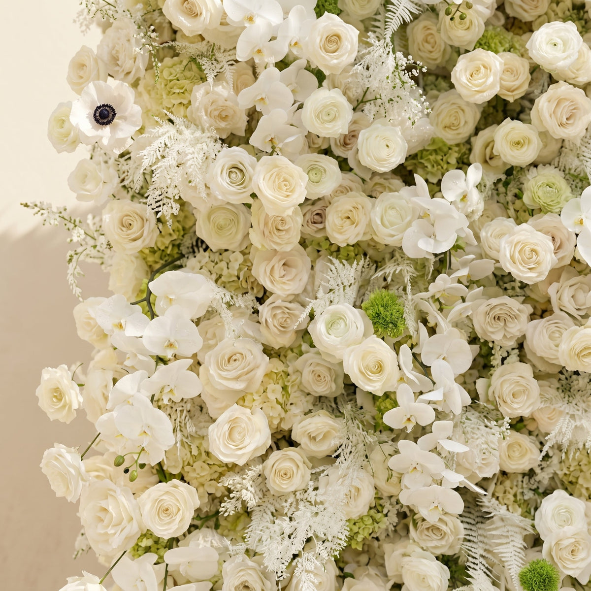 Arelette: Luxury 4D White & Green Silk Floral Wall Backdrop with Premium Orchids & Ranunculus for Modern Weddings Free Shipping