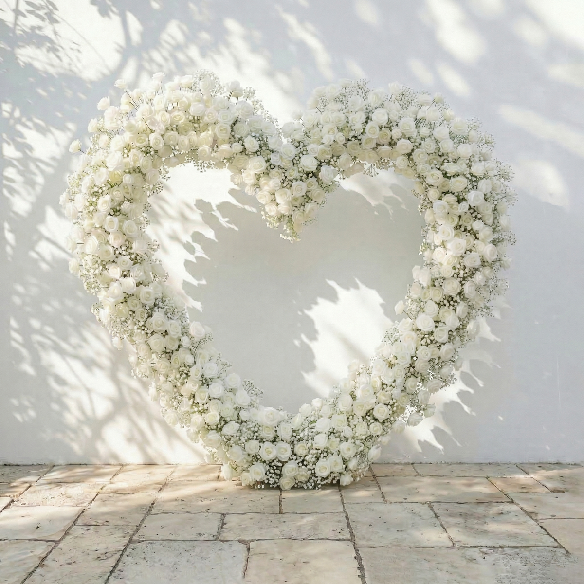 Bloomira: Heart-Shaped All-White Silk Rose and Baby's Breath Floral Arch Arrangement for Wedding Ceremonies | Event Floral Decor