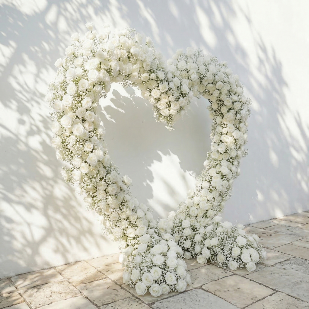 Bloomira: Heart-Shaped All-White Silk Rose and Baby's Breath Floral Arch Arrangement for Wedding Ceremonies | Event Floral Decor