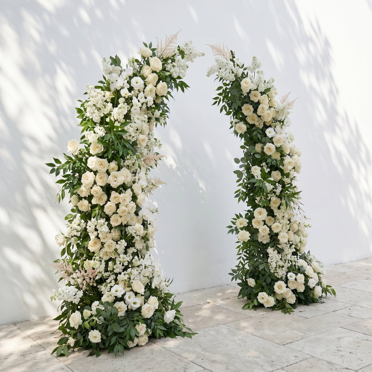 Calnora: Luxury Ivory White, Cream & Fresh Green Silk Floral Ground Horn Arch Arrangement with Flowing Cascading Astilbe Greenery for Romantic Minimalist Weddings & Garden Event Decor Frame Included