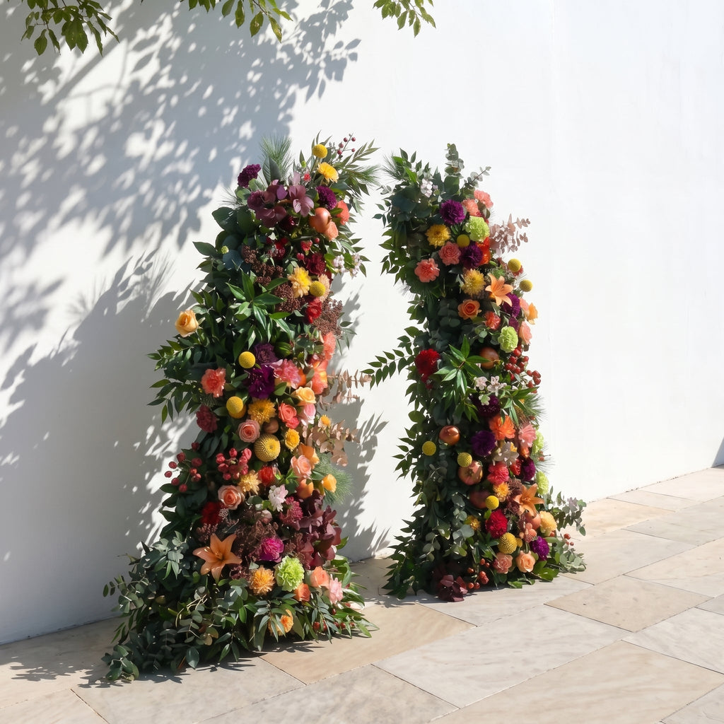 Calora Horn Arch: Autumn Style Luxury Orange & Yellow Floral Arch for Elegant Garden Weddings & Natural-Inspired Event Decor Incuding Frame