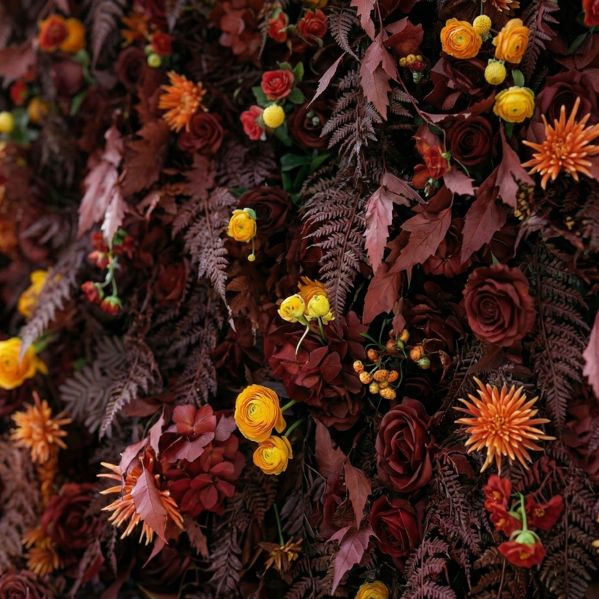 Caterina: 5D Burgundy & Burnt Orange Silk Floral Wall Roll-Up Fabric Backdrop for Vintage Weddings & Events Free Shipping
