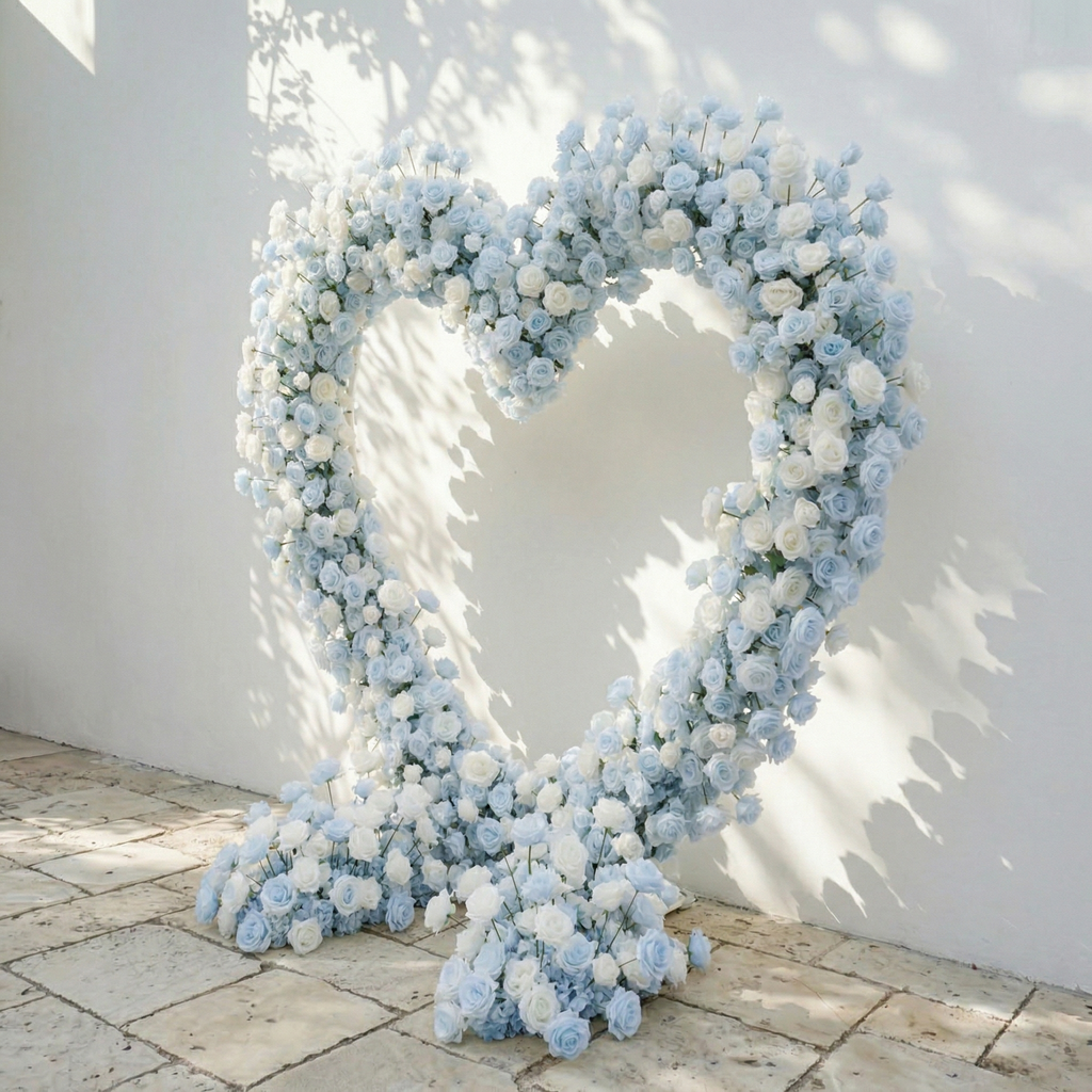 Elaris: Heart-Shaped Baby Blue and White Silk Rose Floral Arch Arrangement for Coastal Weddings & Parties | Wedding Floral Decor
