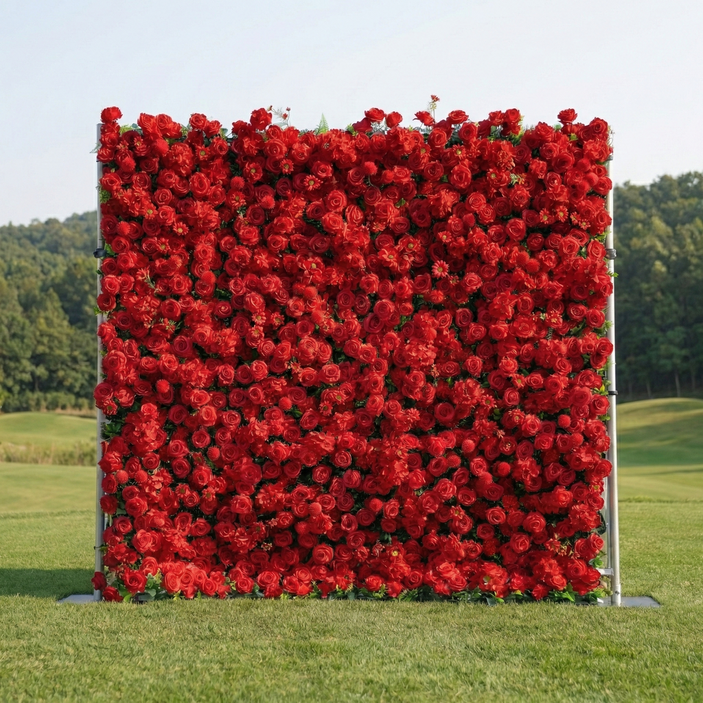 Ellis: Luxury 5D Crimson Silk Rose Flower Wall Roll-Up Fabric Backdrop for Romantic Proposals & Luxury Wedding Event Free Shipping