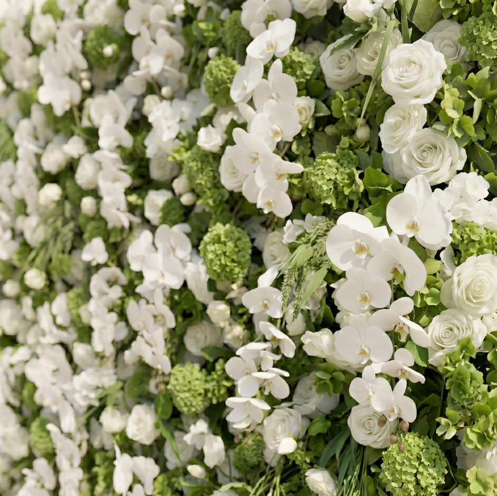 Evelaria: Luxury 5D White & Green Silk Floral Wall Roll-Up Backdrop for Edgy Romantic Weddings Free Shipping