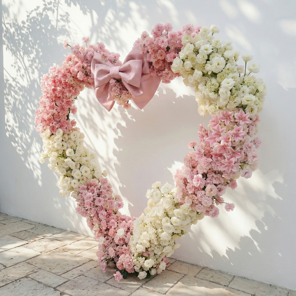 Florien: Heart-Shaped Pink and White Silk Rose Floral Arch Floral Arrangement for Dreamy Weddings & Parties | Event Floral Decor