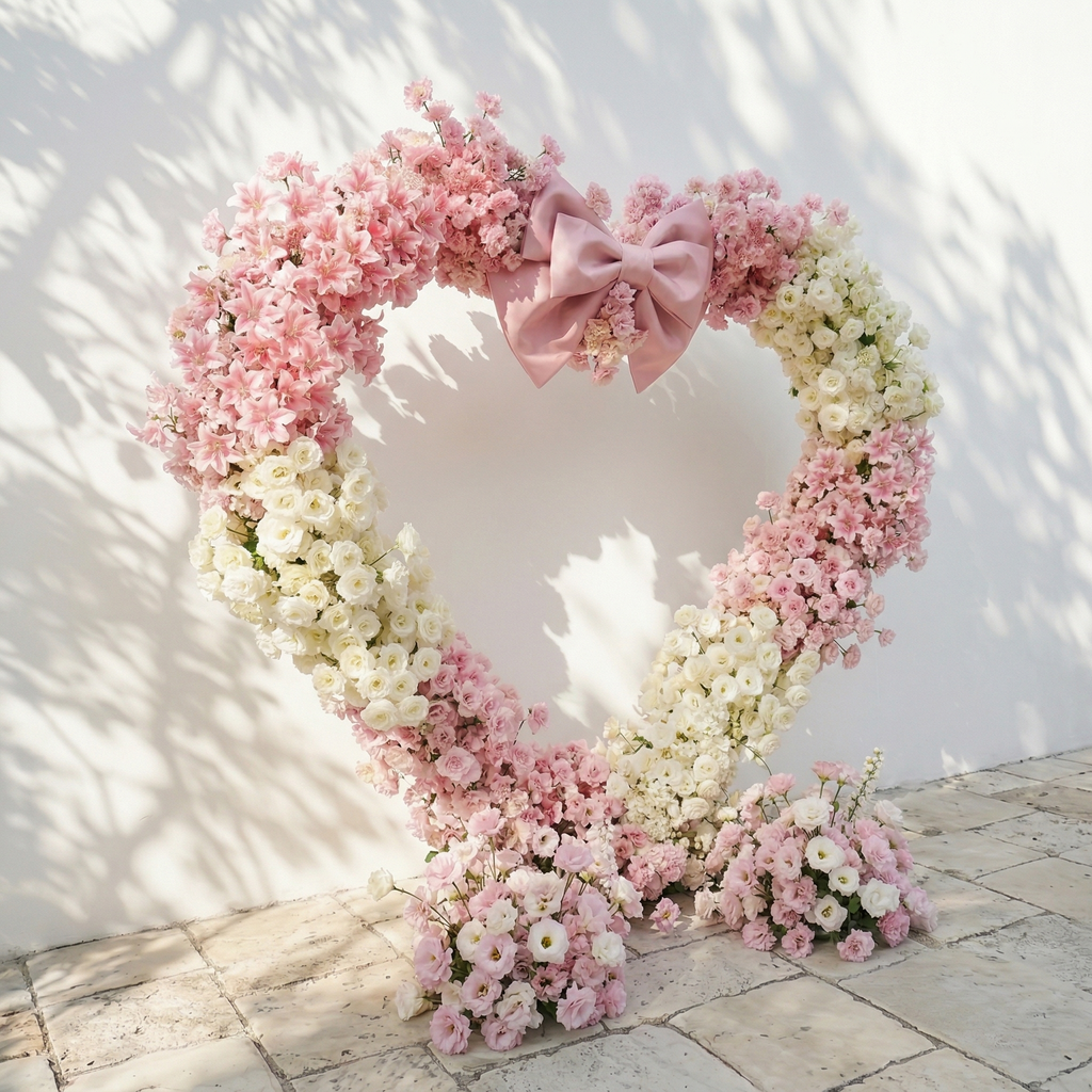 Florien: Heart-Shaped Pink and White Silk Rose Floral Arch Floral Arrangement for Dreamy Weddings & Parties | Event Floral Decor