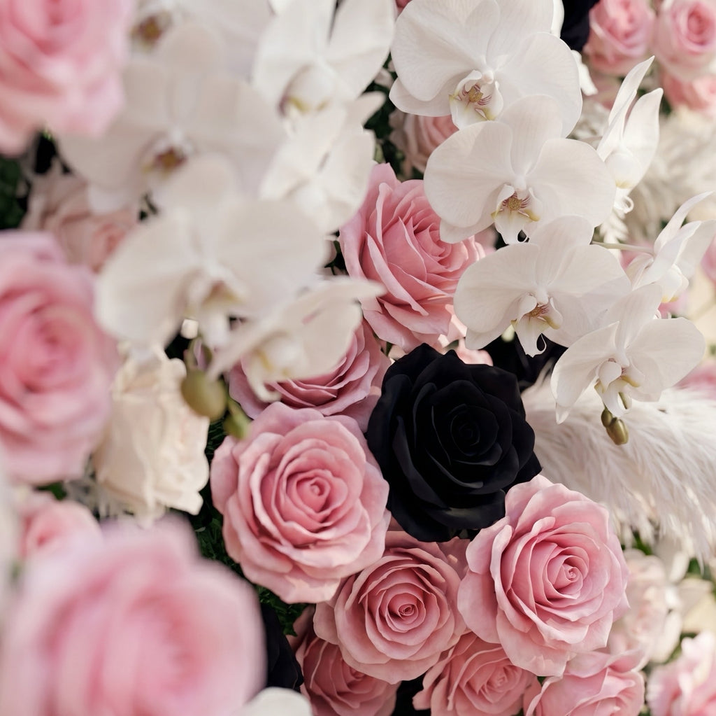 Larorae: Luxury 5D Black & Blush Pink Silk Floral Wall Roll-Up Backdrop for Edgy Romantic Weddings Free Shipping