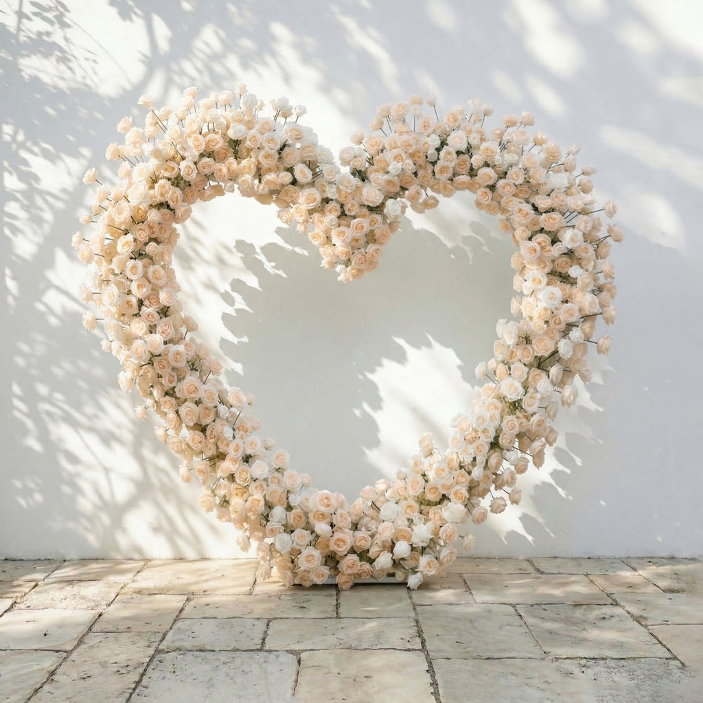 Lioren: Heart-Shaped Champagne & Soft Peach Silk Rose Floral Arch Floral Arrangement for Elegant Weddings & Proposal Events | Event Floral Decor