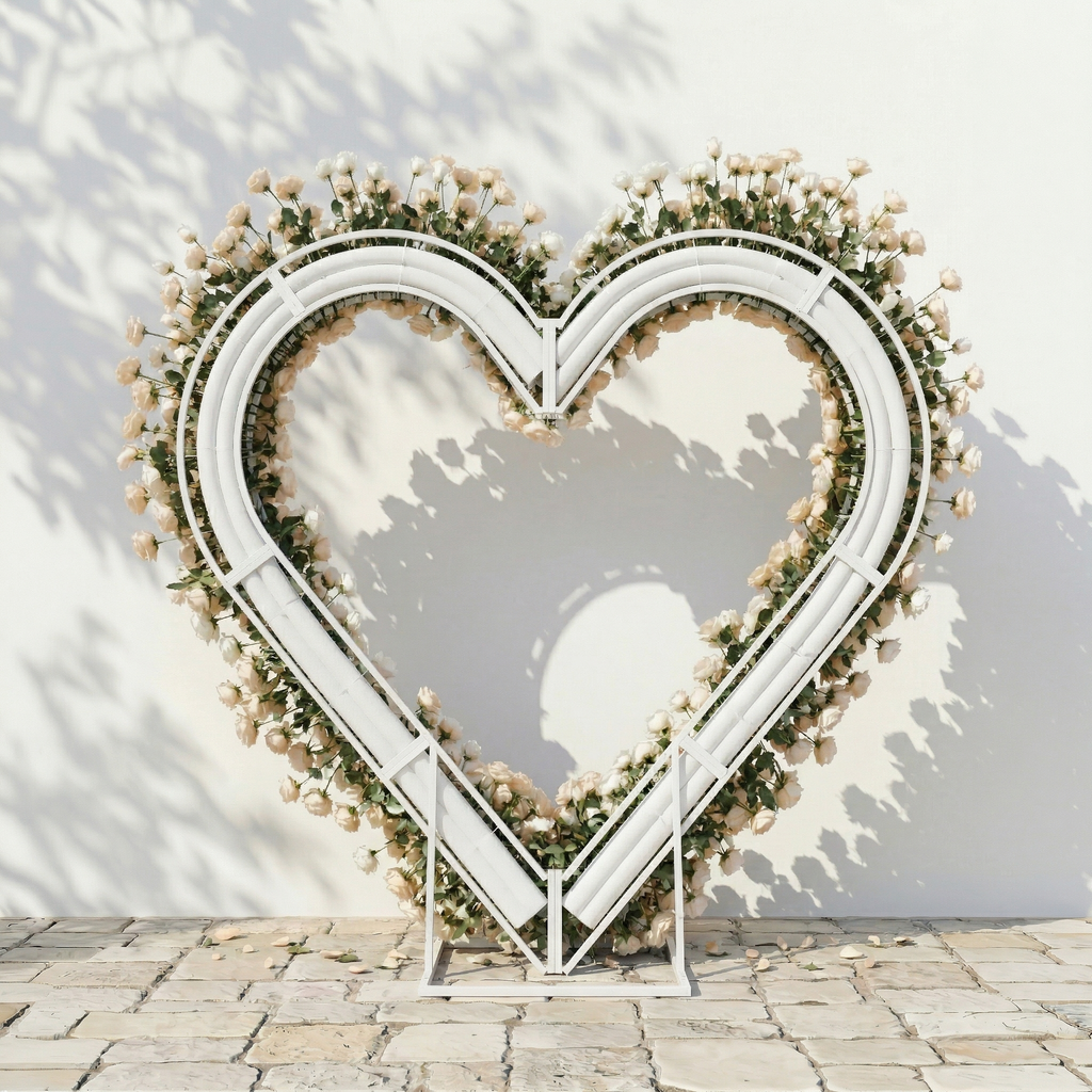 Lioren: Heart-Shaped Champagne & Soft Peach Silk Rose Floral Arch Floral Arrangement for Elegant Weddings & Proposal Events | Event Floral Decor