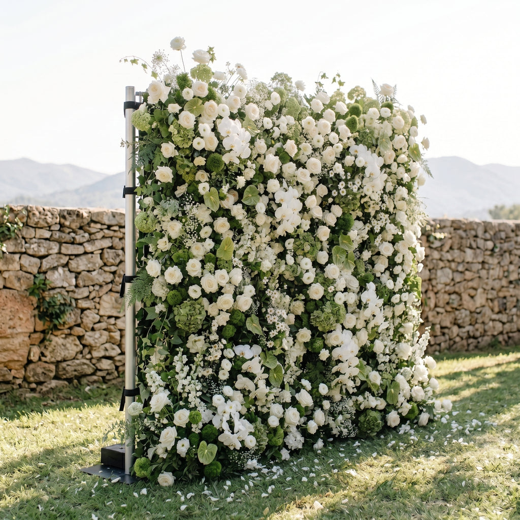 Marellina:5D Green & Ivory White Silk Rose Flower Wall Roll-Up Fabric Backdrop for Romantic Weddings & Proposals Free Shipping
