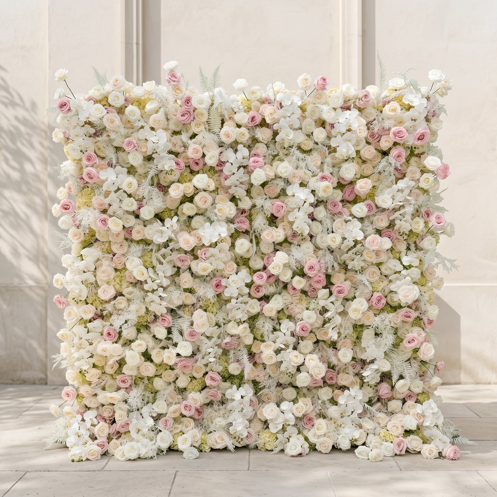 Mavenena:5D Neutral Cream Blush Pink & Ivory White Silk Rose Flower Wall Roll-Up Fabric Backdrop for Romantic Weddings & Proposals Free Shipping
