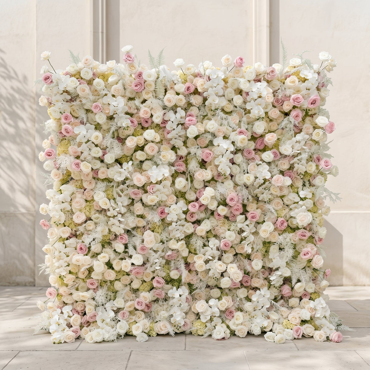 Mavenena:5D Neutral Cream Blush Pink & Ivory White Silk Rose Flower Wall Roll-Up Fabric Backdrop for Romantic Weddings & Proposals Free Shipping