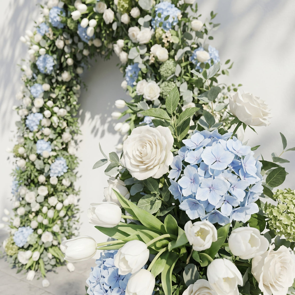 Mavenrella Floral Arch: Luxury Classic White & Green Floral Arch with Light Blue Hydrangeas Floral Arch for Weddings & Events & Events Decor Incuding Frame | Ceremony & Event Decor