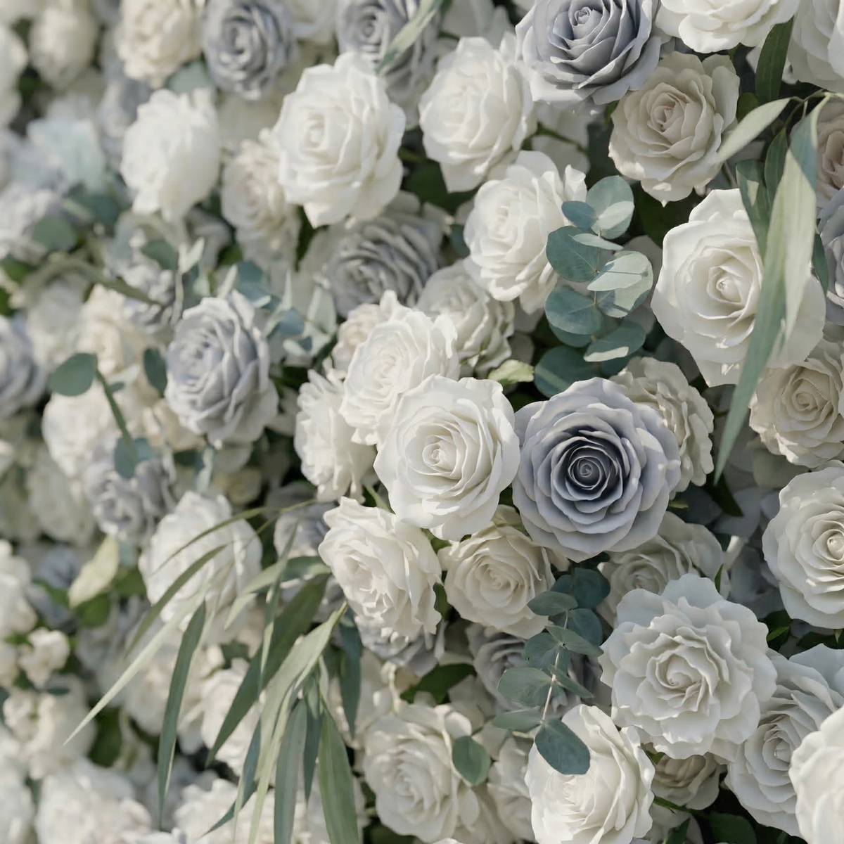 Mireli: 5D Dusty Blue and Ivory Silk Rose Flower Wall Roll-Up Fabric Backdrop for Elegant Weddings & Events Free Shipping