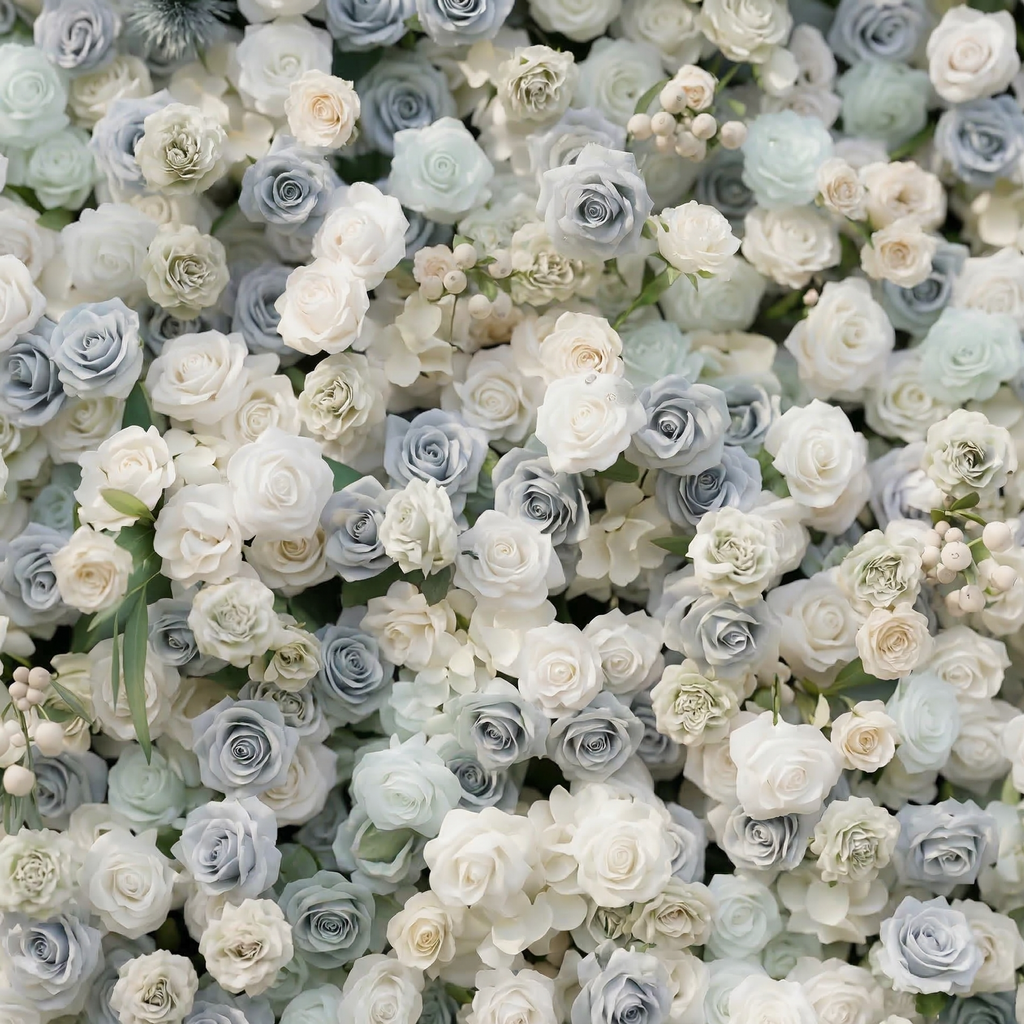 Mireli: 5D Dusty Blue and Ivory Silk Rose Flower Wall Roll-Up Fabric Backdrop for Elegant Weddings & Events Free Shipping