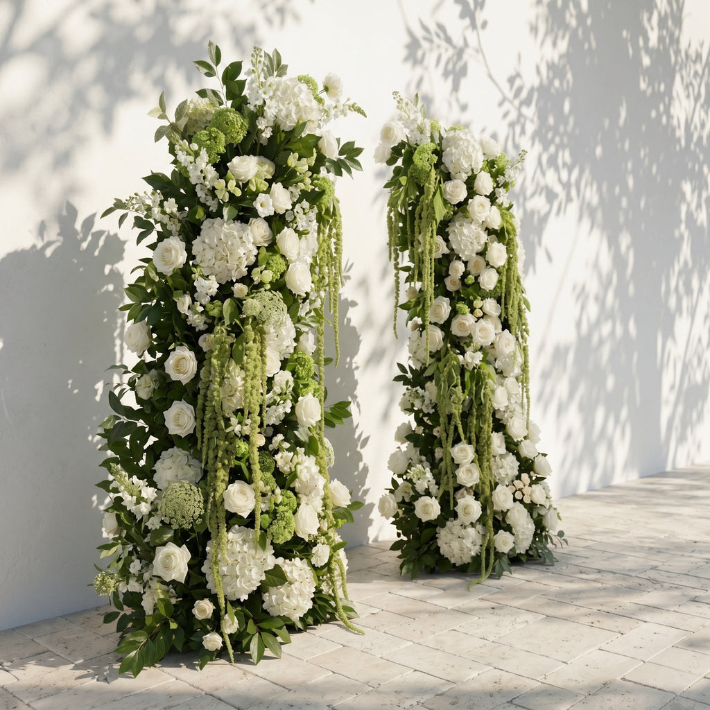 Mirie: Luxury Ivory White & Fresh Green Silk Floral Ground Horn Arch Arrangement with Cascading Amaranthus Greenery for Romantic Minimalist Weddings & Garden Event Decor Frame Included